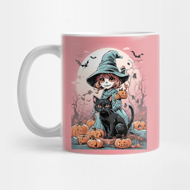 Cute Halloween zombie witch with black cat by BrisaArtPrints